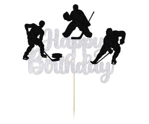 FmiyunEea Hockey Happy Birthday Cake Topper | Silver Black Glitter, Ice Hockey Player Silhouette Birthday Cake Decoration Sports Theme Boy Men Party Supplies