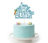 FmiyunEea Teal Glitter Happy Easter Cake Topper - Bunny Ears Carrot Eggs Floral Easter Themed Cake Decorations for Spring Easter Party Baby Shower Birthday Party Supplies