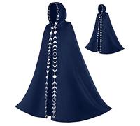 FMMOEK Unisex Moon Phases Embroidery Hooded Cloak Mysterious Medieval Renaissance Long Cape Witch Robe Cosplay Moon Costume(Large-XLarge, blue), Blue