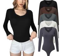FMNNNN 5 Pack Body Suits for Womens Long Sleeve V Neck Casual Stretchy Basic T Shirt Bodysuit Tops, 5 Piece:black/White/Coffee/Green/Grey, Large