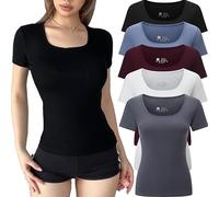 FMNNNN 5 Pack Short Sleeve for Womens Square Neck T Shirts Fashion Casual Basic Tees Tops Summer Outfits Clothes 2026, 5 Pack：black/White/Blue/Red/Grey, L