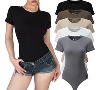 FMNNNN 5 Piece Womens Bodysuit Tops Short Sleeve Crew Neck Casual Stretchy Soft Shapewear Cotton T Shirt, 5 Piece:black/White/Coffee/Khaki/Grey, XX-Large