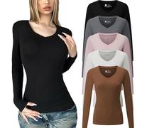 FMNNNN 5 Piece Womens V Neck Long Sleeve Shirts Basic Spring Crop Tops Fall Fashion Layering Slim Fitted Y2k Skims Dupes Tops, 5 Piece:black/White/Coffee/Pink/Gray, XXL