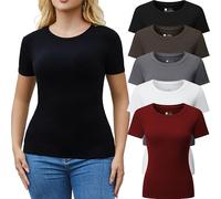 FMNNNN 5pcs Women's Ribbed Short Sleeve Slim Fit T Shirt Crew Neck Bodycon Crop Tunics Going Out Tops, 5 Pack:black/White/Coffee/Red/Grey, XL