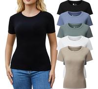 FMNNNN 5pcs Women's Ribbed Short Sleeve Slim Fit T Shirt Crew Neck Bodycon Crop Tunics Going Out Tops, 5 Pack：black/White/Khaki/Blue/Green, M