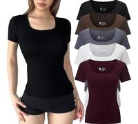 FMNNNN 5pcs Women's Ribbed Short Sleeve Slim Fit T Shirt Square Neck Bodycon Crop Tunics Going Out Tops, 5 Pack:black/White/Coffee/Red/Grey, XXL