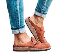 FMOGE Womens Flat Mule Sandals Summer Clogs Suede Flat Slipper Round Toe Backless Slip on Loafer Shoes Comfy Closed Toe Lady Fashion Boat Shoes