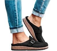FMOGE Womens Flat Mule Sandals Summer Clogs Suede Flat Slipper Round Toe Backless Slip on Loafer Shoes Comfy Closed Toe Lady Fashion Boat Shoes