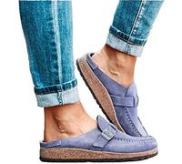 FMOGE Womens Flat Mule Sandals Summer Clogs Suede Flat Slipper Round Toe Backless Slip on Loafer Shoes Comfy Closed Toe Lady Fashion Boat Shoes