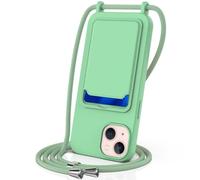 FMPCUON Crossbody Lanyard Case for iPhone 15 with Card Holder,Adjustable Necklace Silicone Cover with hands-free during childcare, cooking, working,shopping, etc-Light green