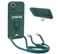 FMPCUON for Honor 50/Huawei nova 9 Case with Camera Cover Silicone Card Holder Phone Cover with Adjustable Necklace Strap Cord Lanyard Shockproof Protective Case with Roating Ring Stand blackish green