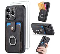 FMPCUON for Honor Magic 4 Pro Case with Card Holder and[ Screen Protector Tempered Glass X2],Slim Soft TPU Ring Holder Shockproof Anti-Scratch Phone Case Cover - Black
