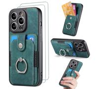 FMPCUON for Honor Magic 4 Pro Case with Card Holder and[ Screen Protector Tempered Glass X2],Slim Soft TPU Ring Holder Shockproof Anti-Scratch Phone Case Cover - Green