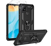 FMPCUON for Motorola Moto G8 Power Lite Case and 2 Tempered Glass Screen Protector,Ring Holder Shockproof Tough Protective Silicone TPU Armour Phone Cover, Black