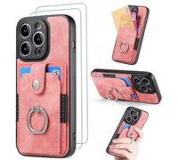 FMPCUON for Samsung Galaxy S21 Case with Card Holder and[ Screen Protector Tempered Glass X2],Slim Soft TPU Ring Holder Shockproof Anti-Scratch Phone Case Cover - Pink