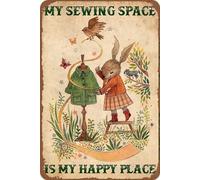 fmrsok Tin Sign Sewing Decor My Sewing Space Is My Happy Place Metal Tin Sign Birthday Anniversary Housewarming Gifts Women Men 8x12 Inch