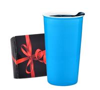 fMSDD Ceramic Travel Coffee Mug with Lid, Reusable Travel Mug, Dishwasher Safe Portable Coffee Tumbler Insulated Double Wall Tall Cup, 12 oz, Glossy Glaze, Gifts for Women Men Her Him, Aqua Blue