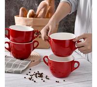 fMSDD Easy Carry French Onion Soup Crocks with Handles, Ceramic Bowls, for Rice, Dessert, Pasta, Dishwasher, Microwave, Oven & Broil Safe, Set of 4, 23oz, Red