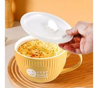 fMSDD Keep Smile Large Soup Mug with Lid, Funny Icon Ramen Bowl, Ceramic Bowls with Handle and Lid, 800 ml, Apricot Yellow