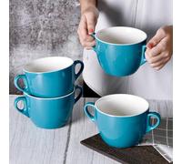 fMSDD Soup Bowls Set of 4, French Onion Soup Mugs Crocks Ceramic Bowls Bouillon Cups with Double Handles, Oven Dishwasher and Microwave Saft, 23 oz, Aqua Blue