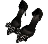 FmShi large size Ladies' summer rhinestone bow high heels, thin heels and pointed toe wedding shoes dance party, Black, 7 UK