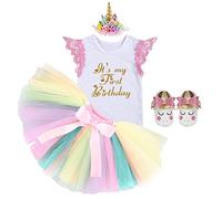 FMYFWY Baby Girls Unicorn Cake Smash 1st Birthday Princess Outfits Cotton Romper Rainbow Tutu Skirt Unicorn Headband Shoes Pink 6-12M