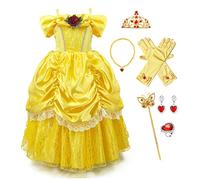 FMYFWY Girls Belle Princess Rose Dress Beauty and Beast Costume Halloween Christmas Wedding Birthday Gown w/Accessories 10-11T