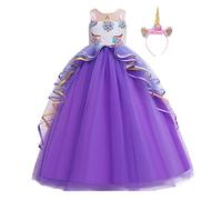 FMYFWY Unicorn Costume for Girls Birthday Pageant Party Dress Carnival Cosplay Outfits Halloween Christmas Sleeveless Long Tulle Ball Gown w/Headband Purple 12-13T