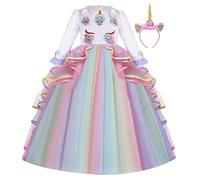 FMYFWY Unicorn Costume for Girls Birthday Pageant Party Dress Carnival Cosplay Outfits Halloween Christmas Long Sleeve Maxi Tulle Ball Gown w/Headband Multicolored 8-9T
