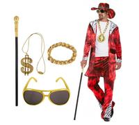 FNA FASHIONS Adult Men’s Red Velvet Suit with Zebra Print Detail & Matching Hat - Complete 1970s Big Daddy Gangster Pimp Dress Up Costume with 4 Accessories