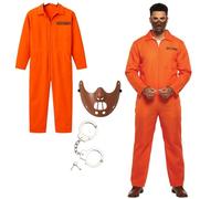 FNA FASHIONS® Adult Orange Prisoner Jumpsuit with Handcuffs & Horror Hannibal Face Mask | Men’s Halloween Inmate Costume Outfit for Scary Fancy Dress & Parties