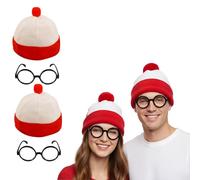FNA FASHIONS® Find Me Set: Red & White Bobble Hat and Round Glasses Kit|One Size Fits All Adults (2)