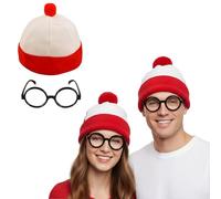 FNA FASHIONS® Find Me Set: Red & White Bobble Hat and Round Glasses Kit|One Size Fits All Adults (3)