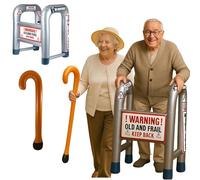 FNA FASHIONS® Inflatable Zimmer Frame & Walking Stick Set - 35" Blow-Up Plain & Printed Joke Props | Funny Retirement, 50th 60th Birthday Gifts for Men (Printed Silver/Black)