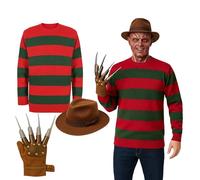 FNA FASHIONS® Men’s Nightmare Demon 3 Pcs Horror Halloween Costume | Red & Green Striped Knitted Jumper Set with Brown Explorer Hat & Claw Glove | Halloween Horror Fancy Dress Costume for Men