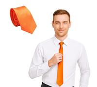 FNA Fashions Mens Classic Slim Skinny Satin Ties Adult Wedding Fancy Party Solid Plain Necktie (Orange, One Size)