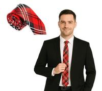 FNA Fashions Mens Classic Slim Skinny Satin Ties Adult Wedding Fancy Party Solid Plain Necktie (Red Tartan, One Size)