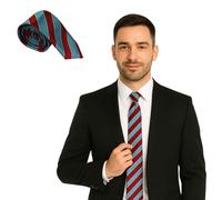 FNA Fashions Mens Classic Slim Skinny Satin Ties Adult Wedding Fancy Party Solid Plain Necktie (Turquoise/Red Striped, One Size)