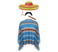 FNA FASHIONS® Mexican Fiesta Costume Set - Poncho, Inflatable Sombrero, Cigar & Moustache - One Size Fits Most Adults (Poncho Set)