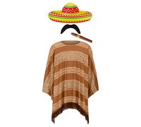 FNA FASHIONS® Mexican Fiesta Costume Set - Poncho, Inflatable Sombrero, Cigar & Moustache - One Size Fits Most Adults (Brown Poncho)