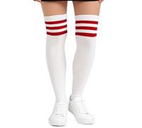 FNA FASHIONS® Over the Knee Socks - Thigh High Cotton Socks | Long, Soft & Stretchy Boot Socks for Women & Girls | Plain & Striped Knee High Stockings (Red 3 Stripe White Referee OTK Socks)
