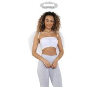 FNA FASHIONS White Feather Angel Wings & Halo Set - Folding Wings in Medium & Large Sizes with Elastic Straps, Fancy Dress Accessory for Halloween, Christmas, Cosplay & Themed Parties (Large)