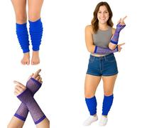 FNA Fashions Womens Neon Long Fishnet Gloves and Leg Warmers Ladies Fancy Hen Night 80’s Party Novelty Dress (Long Fishnet Gloves+Leg Warmer, Royal Blue)