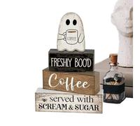 Fnaekier Halloween Signs | Farmhouse Ghost Tabletop Centerpiece - Block Decorative Display for Indoor Shelf Home Coffee Bar Party Festive Scene Enhancement