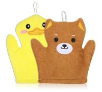 FNANJWQ 2 Pieces Baby Bath Mitt Washcloths Gloves, Microfiber Soft Washcloths for Kids Designed in Cute Animal Yellow Duck Brown Bear Gentle Scrub for Baby Girl Boy Bath Shower