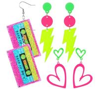 FNANJWQ 3 Pcs 80s Neon Earrings Set, Acrylic Neon 90s Glow Retro Geometric Thunder Flash Lightning Heart Audio Tape Drop Earrings Party Jewelry Accessories for Halloween Costume Outfits