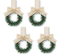 Fnaobai 13CM Christmas Kitchen Cabinet Wreaths with Ribbon 4PCS Mini Christmas Artificial Green Leaves Bauble Wreath for Xmas Window Wall Front Door Decor (Linen)