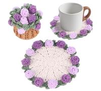 Fnaobai Handmade Crochet Coaster Set with Mini Basket -Boho Floral Coasters for Coffee Table Wedding Gift Housewarming, Birthday Vintage Rose Design (purple)