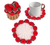 Fnaobai Handmade Crochet Coaster Set with Mini Basket -Boho Floral Coasters for Coffee Table Wedding Gift Housewarming, Birthday Vintage Rose Design (red)