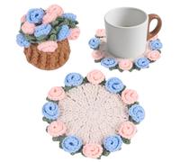 Fnaobai Handmade Crochet Coaster Set with Mini Basket -Boho Floral Coasters for Coffee Table Wedding Gift Housewarming, Birthday Vintage Rose Design (blue)